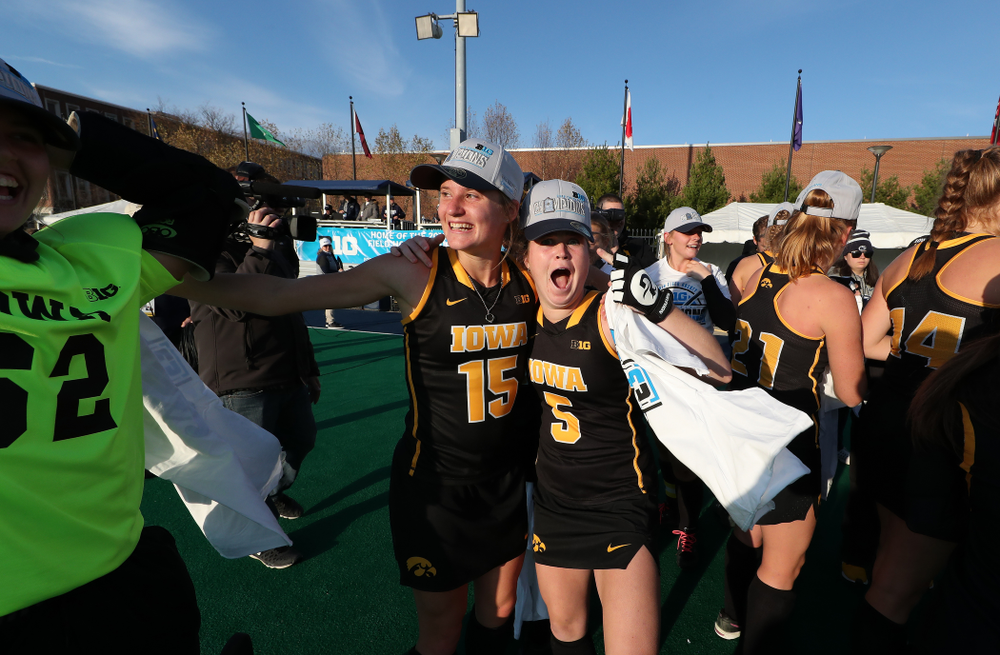 Iowa Hawkeyes Esme Gibson (15) and Meghan Conroy (5) celebrate their victory over Penn State in the 2019 Big Ten Field Hockey Tournament Championship Game Sunday, November 10, 2019 in State College. (Brian Ray/hawkeyesports.com)