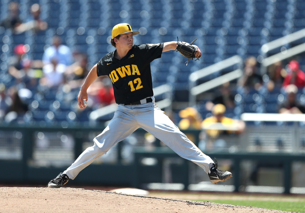 Iowa Hawkeyes Drew Irvine (12) against the Nebraska Cornhuskers in the first round of the Big Ten Baseball Tournament Friday, May 24, 2019 at TD Ameritrade Park in Omaha, Neb. (Brian Ray/hawkeyesports.com)