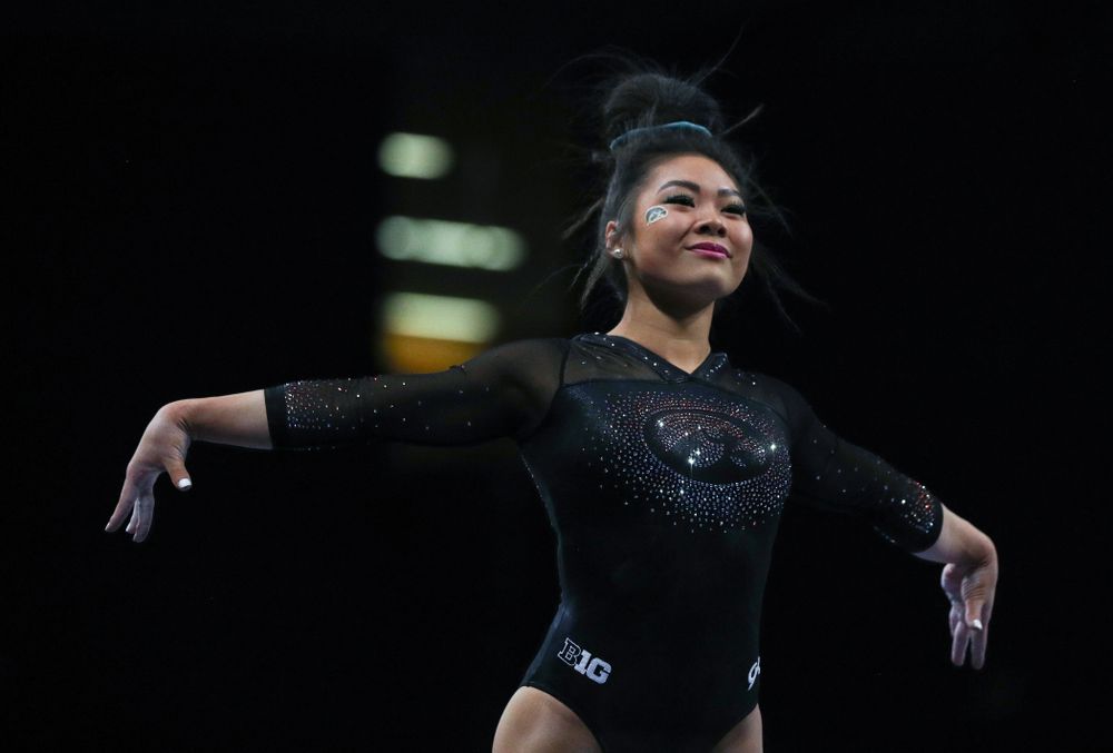 Iowa’s Claire Kaji competes on the beam against Michigan Friday, February 14, 2020 at Carver-Hawkeye Arena. (Brian Ray/hawkeyesports.com)