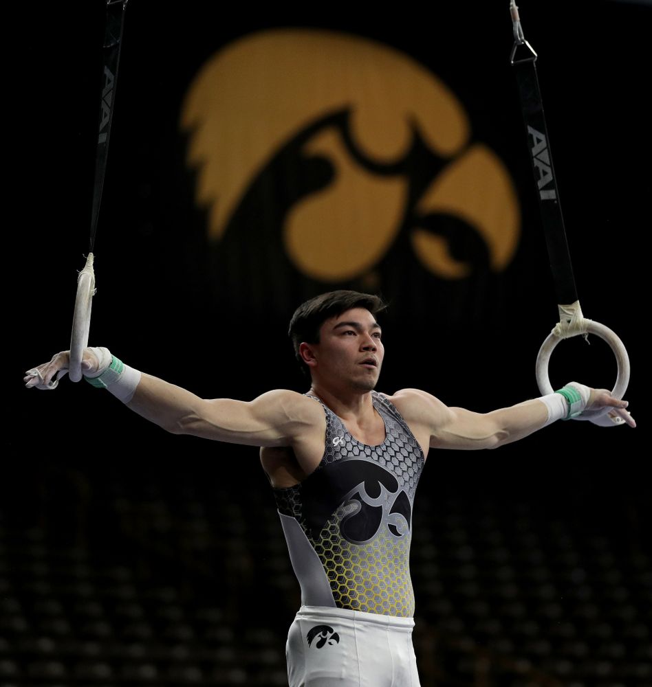 Iowa’s Brandon Wong competes on the rings against Illinois Sunday, March 1, 2020 at Carver-Hawkeye Arena. (Brian Ray/hawkeyesports.com)