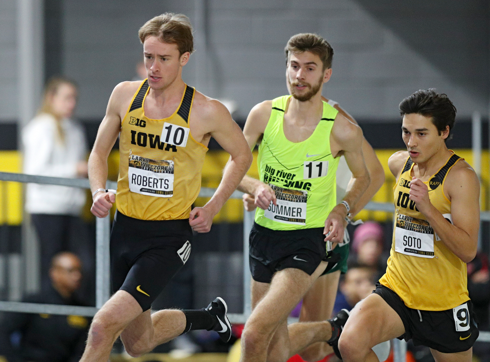 Iowa’s Jeff Roberts (from left), Karson Sommer, and Daniel Soto run the men’s 1 mile run event during the Larry Wieczorek Invitational at the Recreation Building in Iowa City on Saturday, January 18, 2020. (Stephen Mally/hawkeyesports.com)