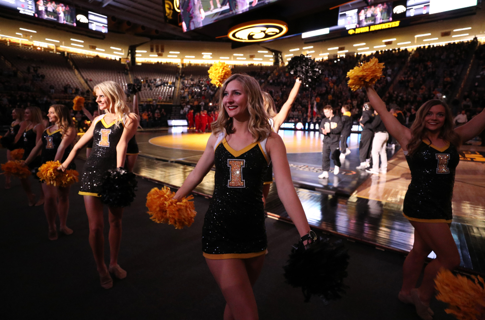 The Iowa Dance Team performs before the Iowa Hawkeyes meet against the Indiana Hoosiers Friday, February 15, 2019 at Carver-Hawkeye Arena. (Brian Ray/hawkeyesports.com)