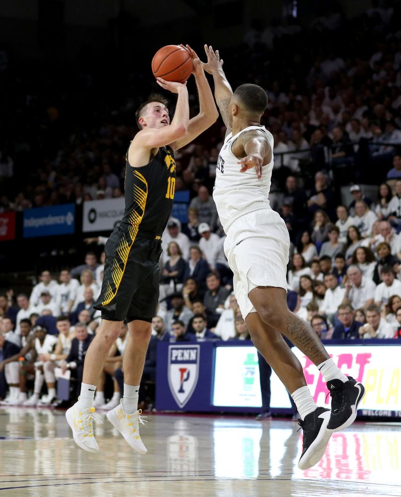 Iowa Hawkeyes guard Joe Wieskamp (10) against Penn State Saturday, January 4, 2020 at the Palestra in Philadelphia. (Brian Ray/hawkeyesports.com)