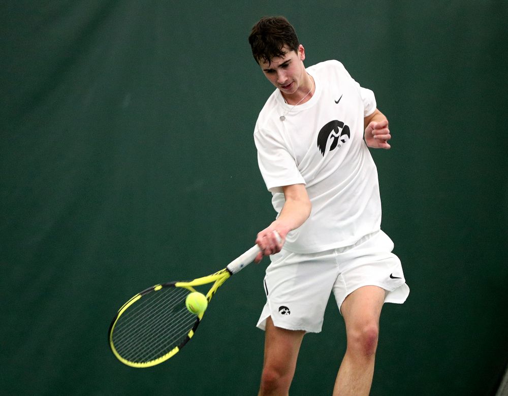 Iowa’s Matt Clegg during his singles match at the Hawkeye Tennis and Recreation Complex in Iowa City on Sunday, February 16, 2020. (Stephen Mally/hawkeyesports.com)