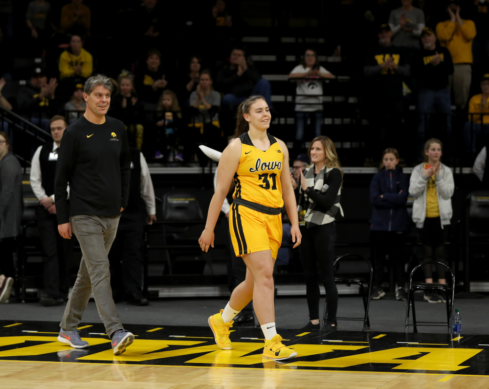 Iowa Hawkeyes forwar/center Paula Valiño Ramos (31) during senior day activities following their win over the Minnesota Golden Gophers Thursday, February 27, 2020 at Carver-Hawkeye Arena. (Brian Ray/hawkeyesports.com)