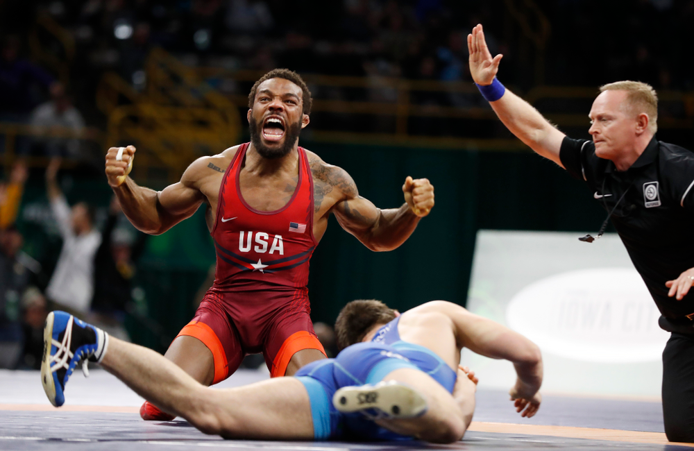 Jordan Burroughs during the gold medal match of the United World Wrestling Freestyle World Cup against Azerbaijan Sunday, April 8, 2018 at Carver-Hawkeye Arena. (Brian Ray/hawkeyesports.com)