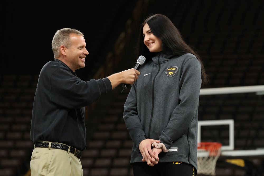 Iowa WomenÕs Basketball radio announcer Rob Books and forward Megan Gustafson (10) during the teamÕs Celebr-Eight event Wednesday, April 24, 2019 at Carver-Hawkeye Arena. (Brian Ray/hawkeyesports.com)