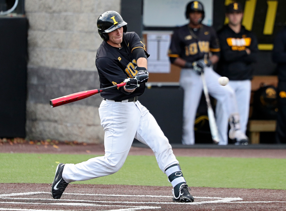 Iowa catcher Austin Martin (34) bats during the fifth inning of the first game of the Black and Gold Fall World Series at Duane Banks Field in Iowa City on Tuesday, Oct 15, 2019. (Stephen Mally/hawkeyesports.com)