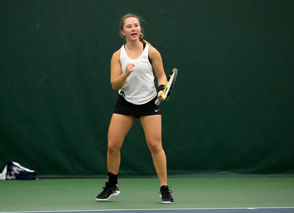 Iowa’s Danielle Burich celebrates a point during her singles match at the Hawkeye Tennis and Recreation Complex in Iowa City on Sunday, February 23, 2020. (Stephen Mally/hawkeyesports.com)