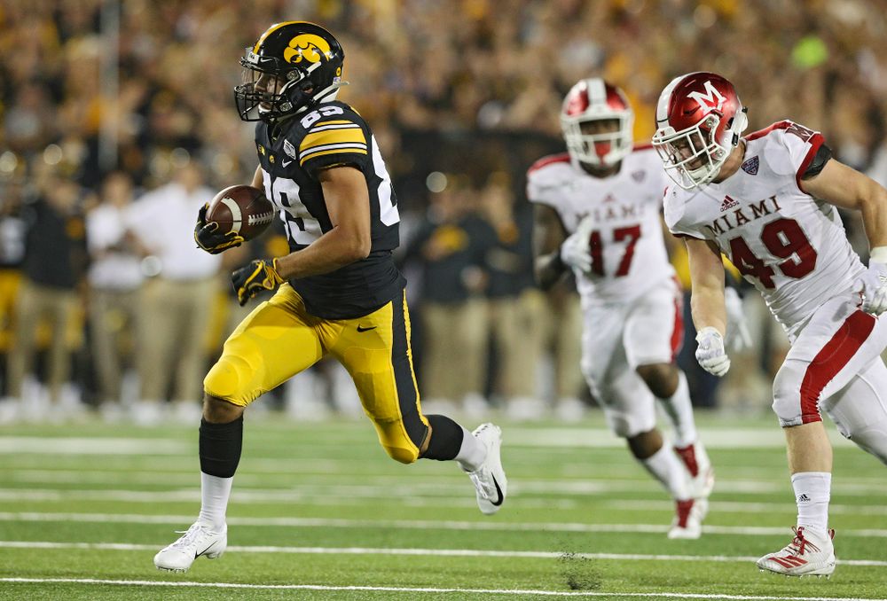 Iowa Hawkeyes wide receiver Nico Ragaini (89) runs down field after catching a pass during the third quarter of their game at Kinnick Stadium in Iowa City on Saturday, Aug 31, 2019. (Stephen Mally/hawkeyesports.com)