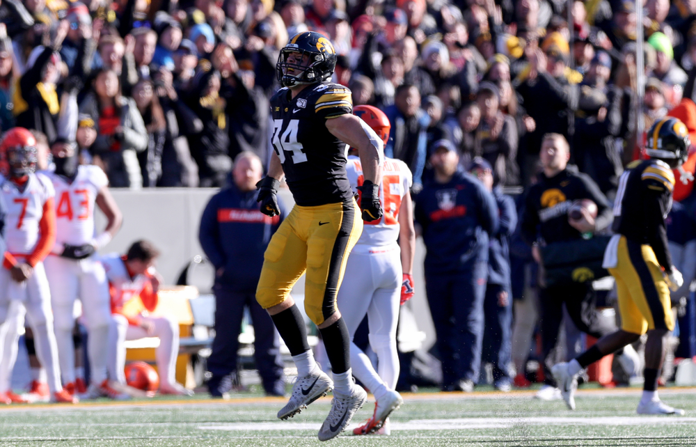 Iowa Hawkeyes linebacker Kristian Welch (34) celebrates after causing a fumble against the Illinois Fighting Illini Saturday, November 23, 2019 at Kinnick Stadium. (Brian Ray/hawkeyesports.com)