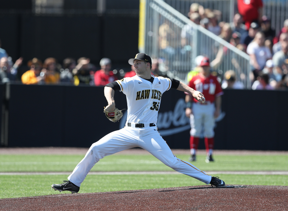 Iowa Hawkeyes Cam Baumann (35) against the Nebraska Cornhuskers Saturday, April 20, 2019 at Duane Banks Field. (Brian Ray/hawkeyesports.com)