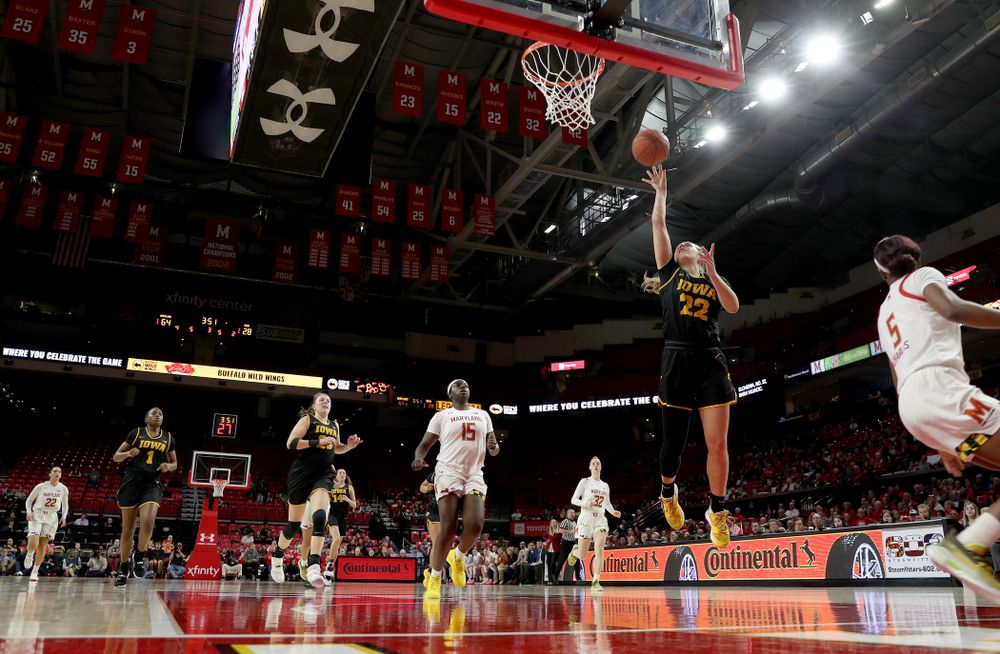 Iowa Hawkeyes guard Kathleen Doyle (22) against the Maryland Terrapins Thursday, February 13, 2020 at the Xfinity Center in College Park, MD. (Brian Ray/hawkeyesports.com)
