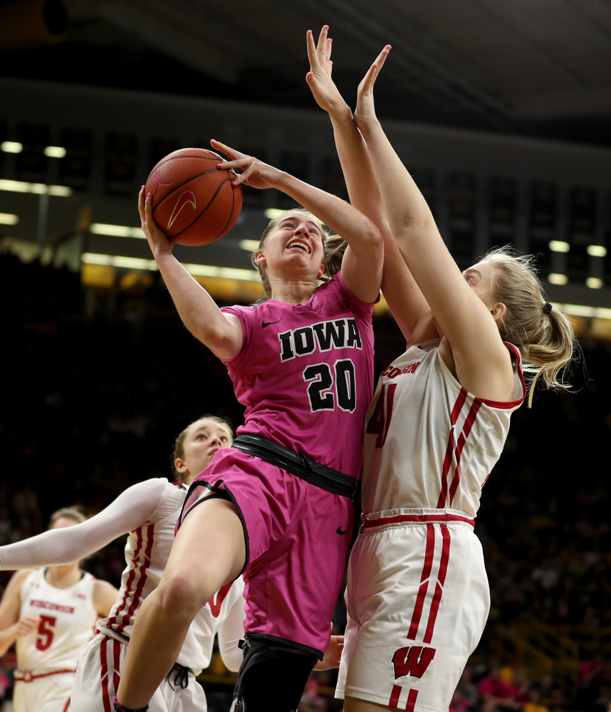 Iowa Hawkeyes guard Kate Martin (20) against the Wisconsin Badgers Sunday, February 16, 2020 at Carver-Hawkeye Arena. (Brian Ray/hawkeyesports.com)