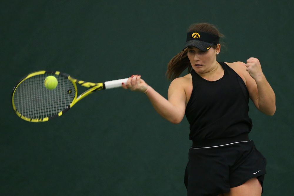 Iowa’s Danielle Bauers returns a hit during the Iowa women’s tennis meet vs UNI on Saturday, February 29, 2020 at the Hawkeye Tennis and Recreation Complex. (Lily Smith/hawkeyesports.com)
