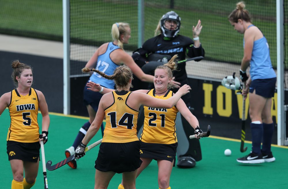 Iowa Hawkeyes Makenna Maguire (21) and Lokke Stribos (14) celebrate a goal against Columbia Sunday, September 8, 2019 at Grant Field. (Brian Ray/hawkeyesports.com)