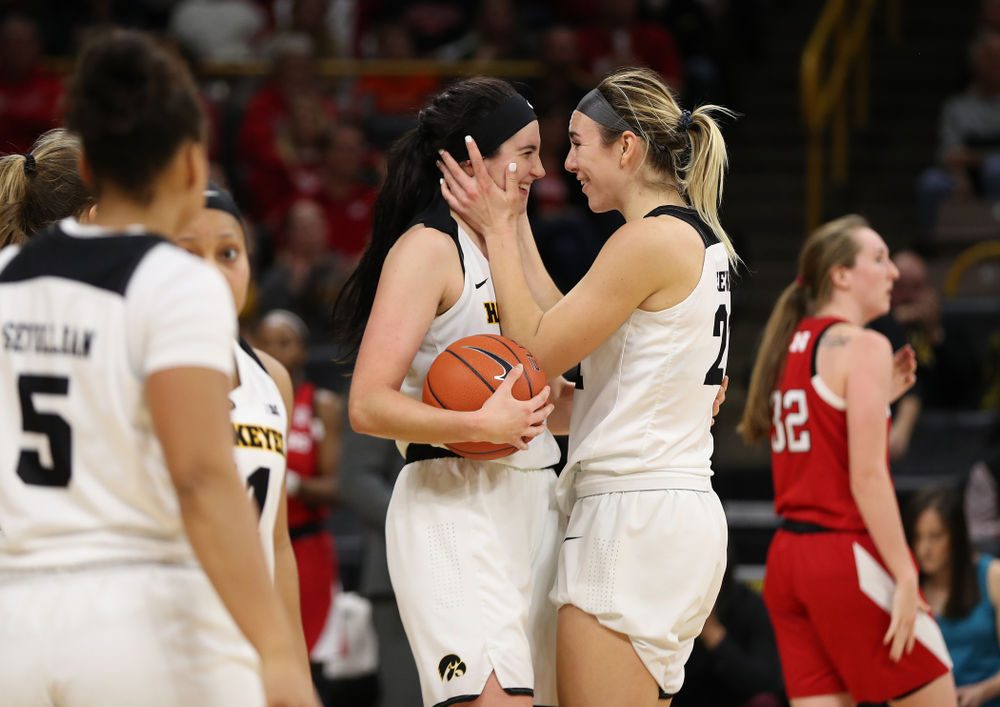 Iowa Hawkeyes forward Megan Gustafson (10) celebrates with forward Hannah Stewart (21) against the Nebraska Cornhuskers Thursday, January 3, 2019 at Carver-Hawkeye Arena. (Brian Ray/hawkeyesports.com)