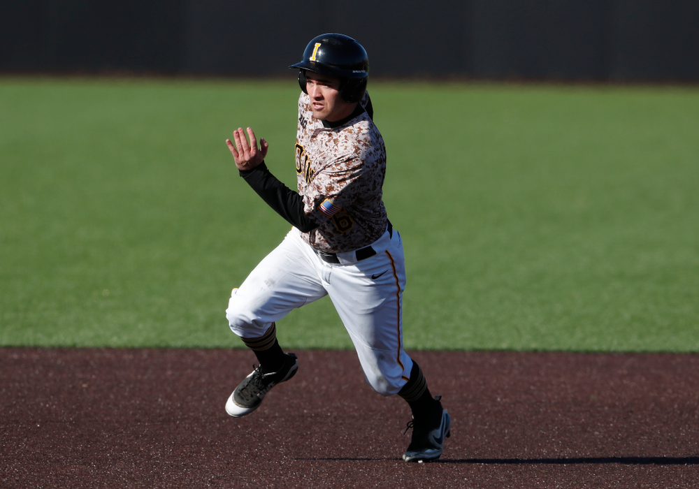Iowa Hawkeyes outfielder Justin Jenkins (6) against the Ohio State Buckeyes Saturday, April 7, 2018 at Duane Banks Field. (Brian Ray/hawkeyesports.com)