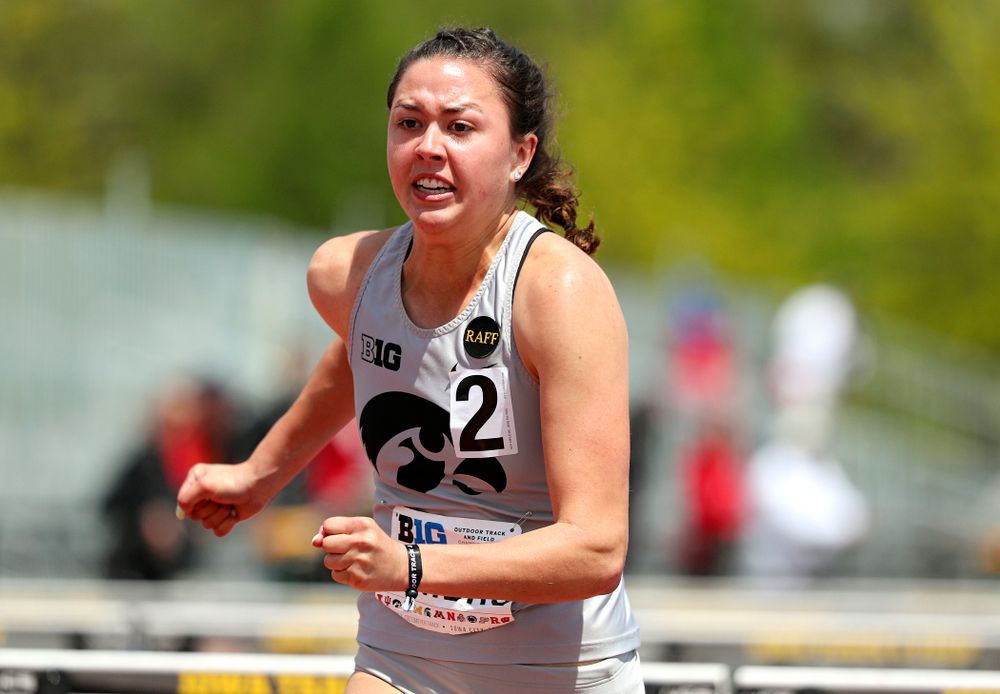 Iowa's Jenny Kimbro runs the 100 meter hurdles during the women's heptathlon event on the first day of the Big Ten Outdoor Track and Field Championships at Francis X. Cretzmeyer Track in Iowa City on Friday, May. 10, 2019. (Stephen Mally/hawkeyesports.com)