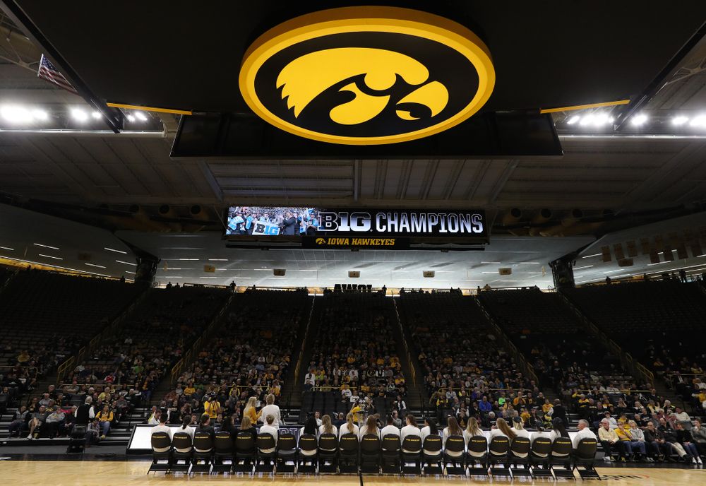 The Iowa Hawkeyes during a celebration of their Big Ten Women's Basketball Tournament championship Monday, March 18, 2019 at Carver-Hawkeye Arena. (Brian Ray/hawkeyesports.com)