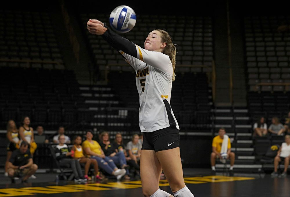 Iowa’s Meghan Buzzerio (5) reaches a ball during the third set of their Big Ten/Pac-12 Challenge match against Colorado at Carver-Hawkeye Arena in Iowa City on Friday, Sep 6, 2019. (Stephen Mally/hawkeyesports.com)