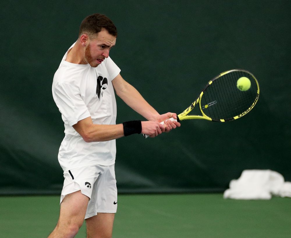 Iowa’s Karem Allaf against Cornell Sunday, March 8, 2020 at the Hawkeye Tennis and Recreation Center. (Brian Ray/hawkeyesports.com)