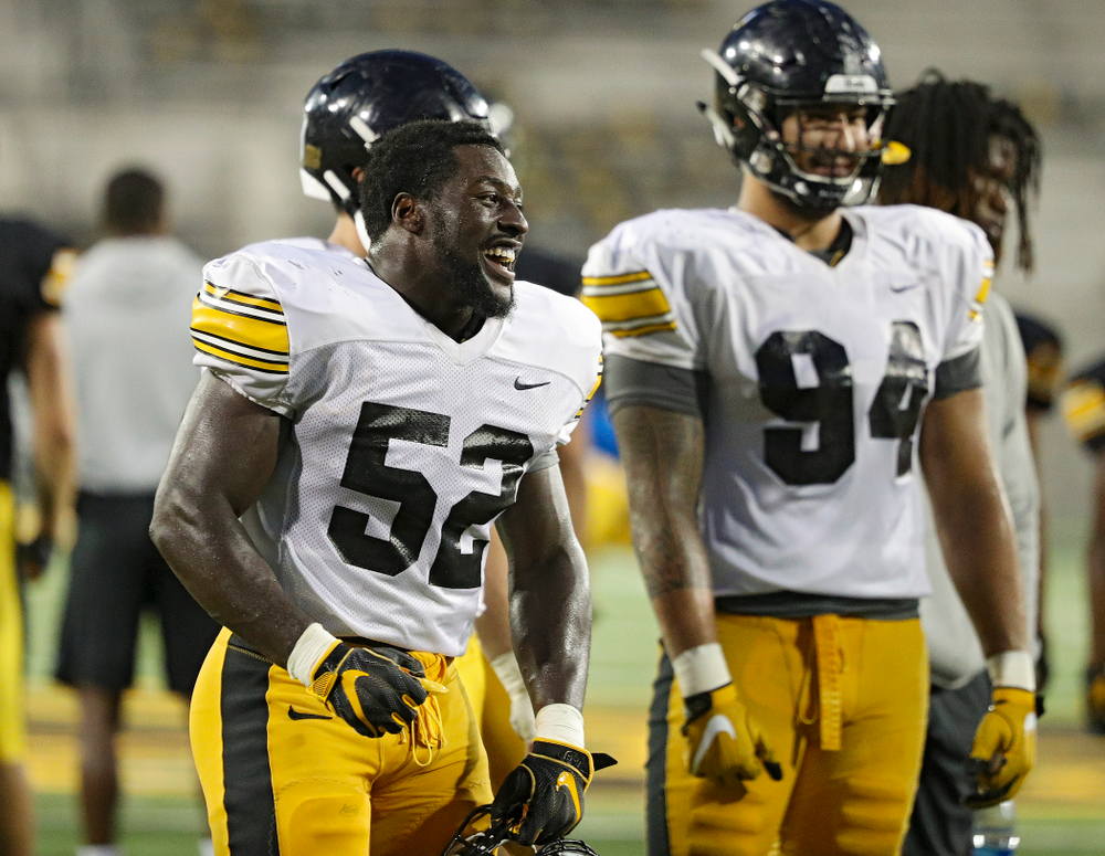 Iowa Hawkeyes linebacker Amani Jones (52) laughs during Fall Camp Practice No. 12 at Kinnick Stadium in Iowa City on Thursday, Aug 15, 2019. (Stephen Mally/hawkeyesports.com)