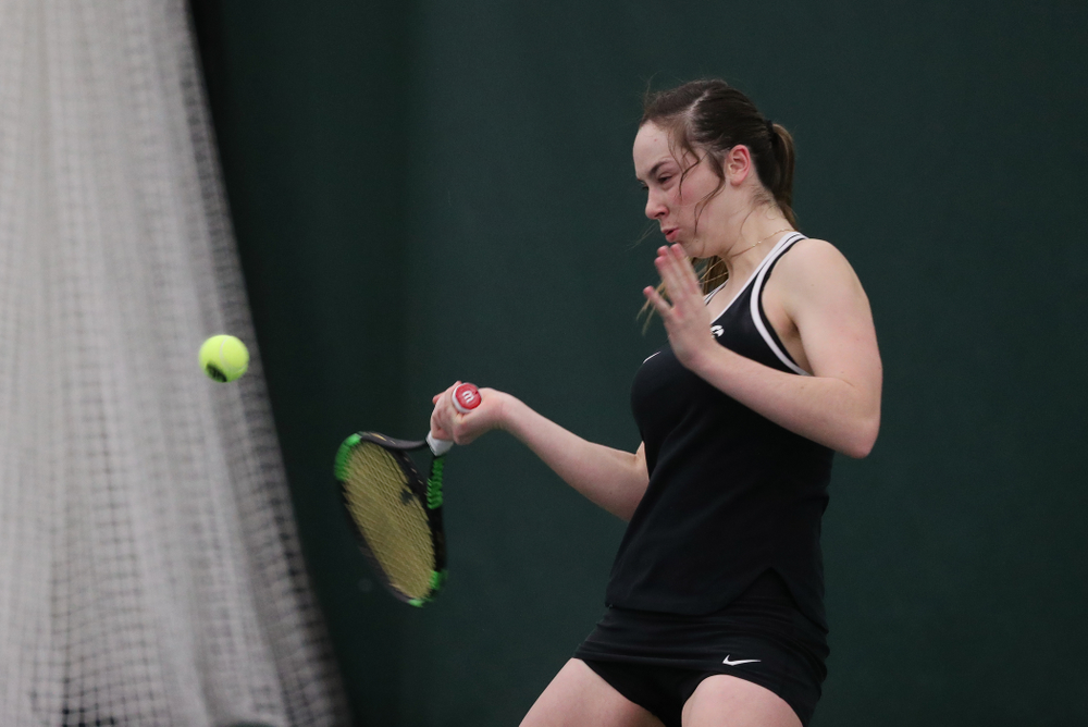 Iowa's Samantha Mannix and Elise Van Heuvelen Treadwell play a doubles match against the Penn State Nittany Lions Sunday, February 24, 2019 at the Hawkeye Tennis and Recreation Complex. (Brian Ray/hawkeyesports.com)