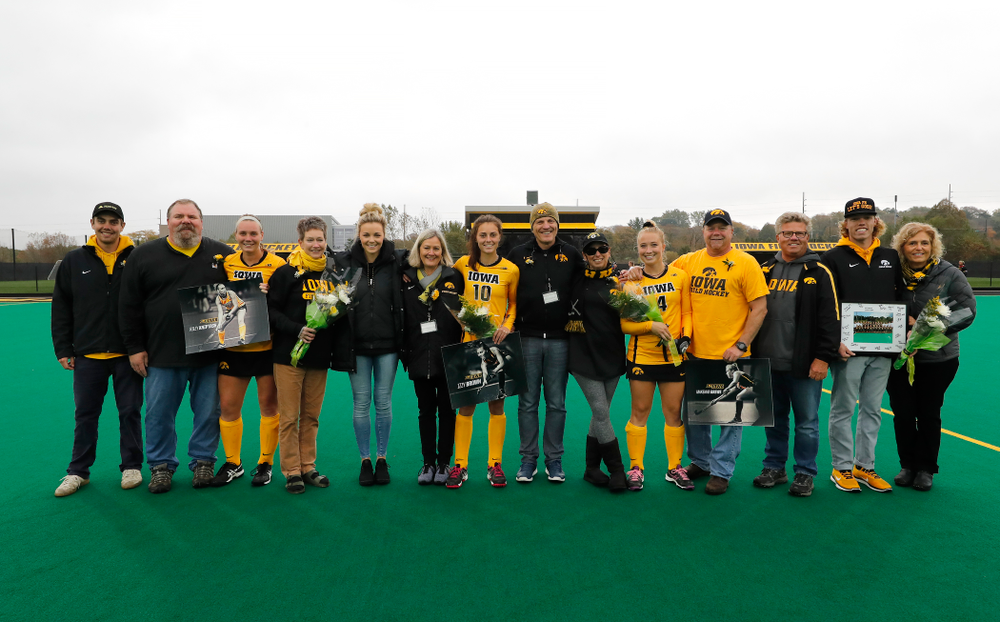 Iowa Hawkeyes seniors Riley Kniptash (15), Isabella Brown, Makenna Grewe, and Liam Norton during senior day before their game against Maryland Sunday, October 14, 2018 at Grant Field. (Brian Ray/hawkeyesports.com)
