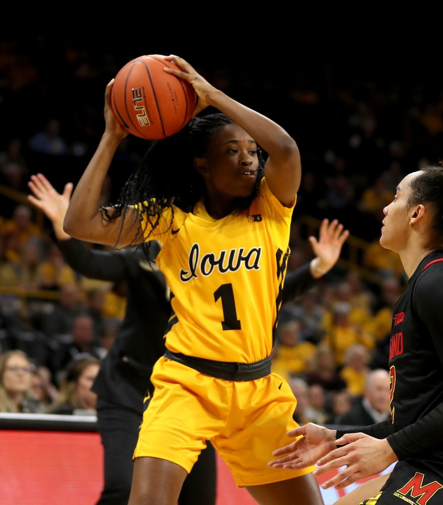 Iowa Hawkeyes guard Tomi Taiwo (1) against the Maryland Terrapins Thursday, January 9, 2020 at Carver-Hawkeye Arena. (Brian Ray/hawkeyesports.com)
