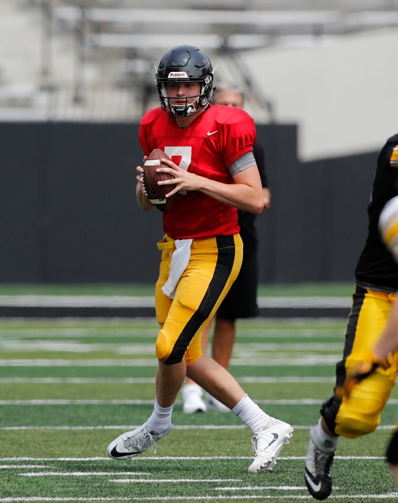 Iowa Hawkeyes quarterback Spencer Petras (7) during Kids Day Saturday, August 11, 2018 at Kinnick Stadium. (Brian Ray/hawkeyesports.com)