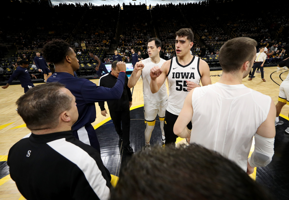 Iowa Hawkeyes forward Luka Garza (55) and forward Ryan Kriener (15) against Penn State Saturday, February 29, 2020 at Carver-Hawkeye Arena. (Brian Ray/hawkeyesports.com)