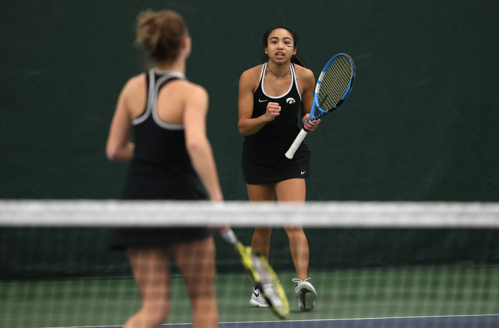 Iowa's Michelle Bacalla and Cloe Ruettte play a doubles match against the Penn State Nittany Lions Sunday, February 24, 2019 at the Hawkeye Tennis and Recreation Complex. (Brian Ray/hawkeyesports.com)