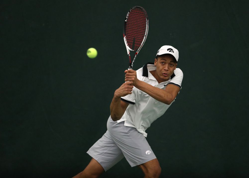 Iowa's Oliver Okonkwo against Western Michigan Saturday, January 19, 2019 at the Hawkeye Tennis and Recreation Complex. (Brian Ray/hawkeyesports.com)