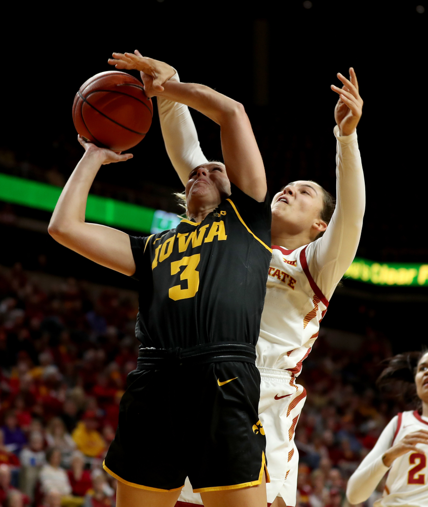 Iowa Hawkeyes guard Makenzie Meyer (3) against the Iowa State Cyclones Wednesday, December 11, 2019 at Hilton Coliseum in Ames, Iowa(Brian Ray/hawkeyesports.com)