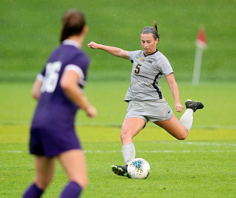 Iowa defender Riley Whitaker (5) lines up a shot during the second half of their match at the Iowa Soccer Complex in Iowa City on Sunday, Sep 29, 2019. (Stephen Mally/hawkeyesports.com)