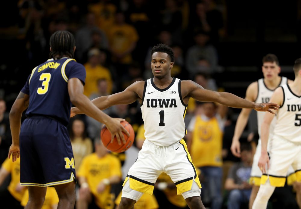 Iowa Hawkeyes guard Joe Toussaint (1) against the Michigan Wolverines Friday, January 17, 2020 at Carver-Hawkeye Arena. (Brian Ray/hawkeyesports.com)
