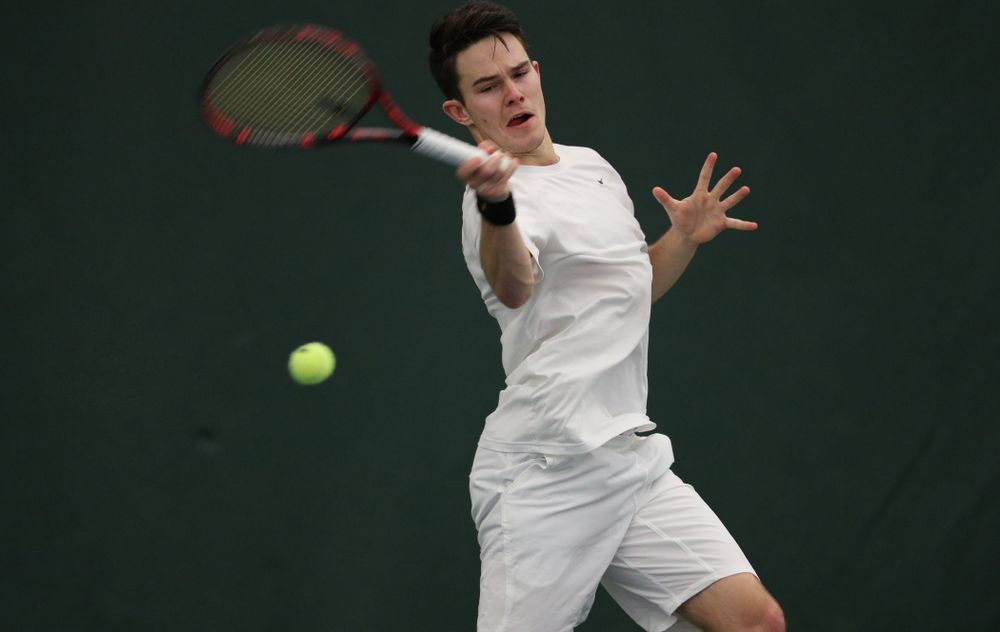 Iowa's Jonas Larsen against North Dakota Friday, January 25, 2019 at the Hawkeye Tennis and Recreation Complex. (Brian Ray/hawkeyesports.com)