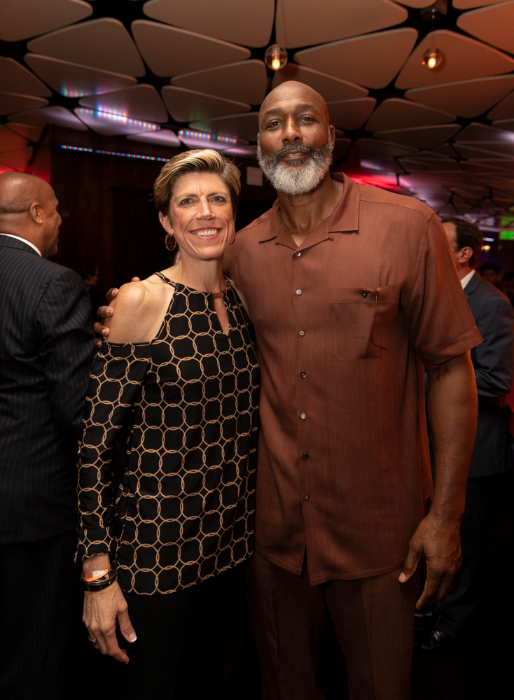 Iowa Hawkeyes associate head coach Jan Jensen with NBA great Karl Malone before the ESPN College Basketball Awards show Friday, April 12, 2019 at The Novo at LA Live. (Brian Ray/hawkeyesports.com)