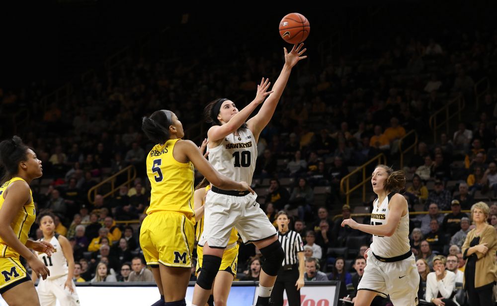 Iowa Hawkeyes forward Megan Gustafson (10) against the Michigan Wolverines Thursday, January 17, 2019 at Carver-Hawkeye Arena. (Brian Ray/hawkeyesports.com)