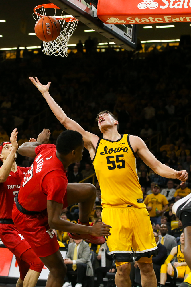 Iowa Hawkeyes center Luka Garza (55) attempts to catch a layup during the Iowa men’s basketball game vs Rutgers on Wednesday, January 22, 2020 at Carver-Hawkeye Arena. (Lily Smith/hawkeyesports.com)