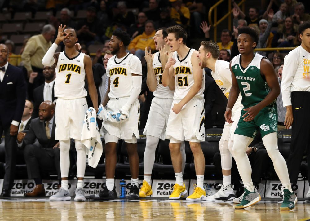 Iowa Hawkeyes forward Nicholas Baer (51) and forward Riley Till (20) against UW Green Bay Sunday, November 11, 2018 at Carver-Hawkeye Arena. (Brian Ray/hawkeyesports.com)