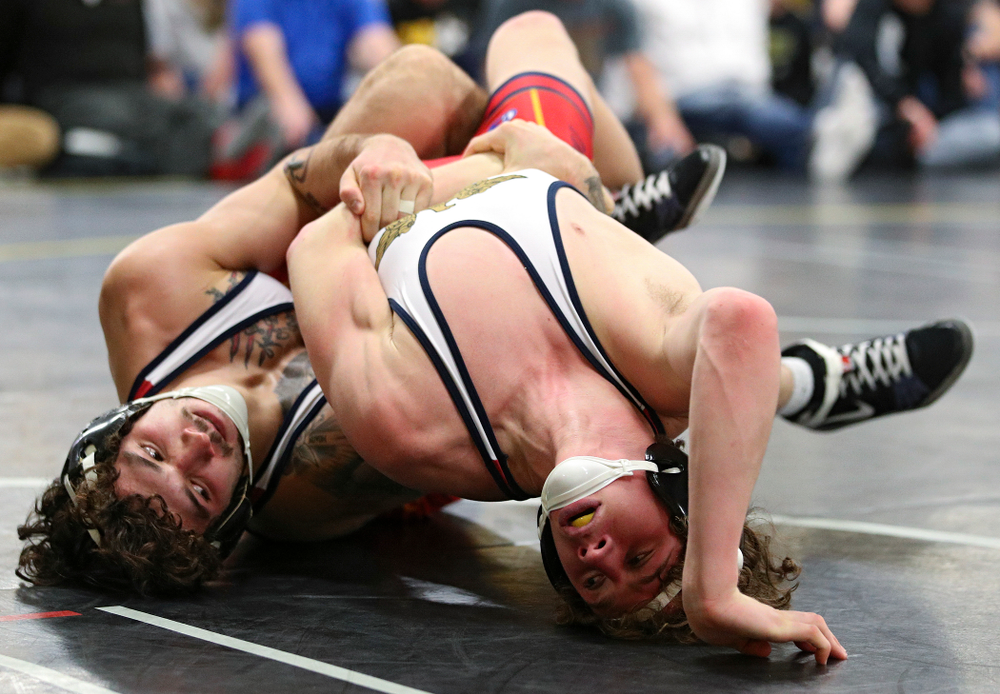 Iowa’s Vince Turk (left) turns Cobe Siebrecht during their preseason match at the Dan Gable Wrestling Complex at Carver-Hawkeye Arena in Iowa City on Thursday, Nov 7, 2019. (Stephen Mally/hawkeyesports.com)