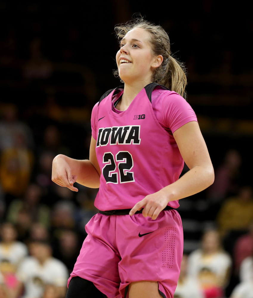 Iowa Hawkeyes guard Kathleen Doyle (22) against the Wisconsin Badgers Sunday, February 16, 2020 at Carver-Hawkeye Arena. (Brian Ray/hawkeyesports.com)