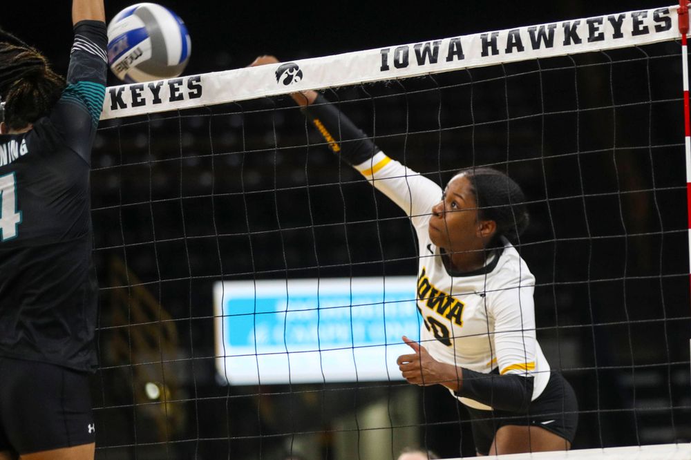Iowa Hawkeyes outside hitter Griere Hughes (10) against Coastal Carolina Friday, September 20, 2019 at Carver-Hawkeye Arena. (Lily Smith/hawkeyesports.com)