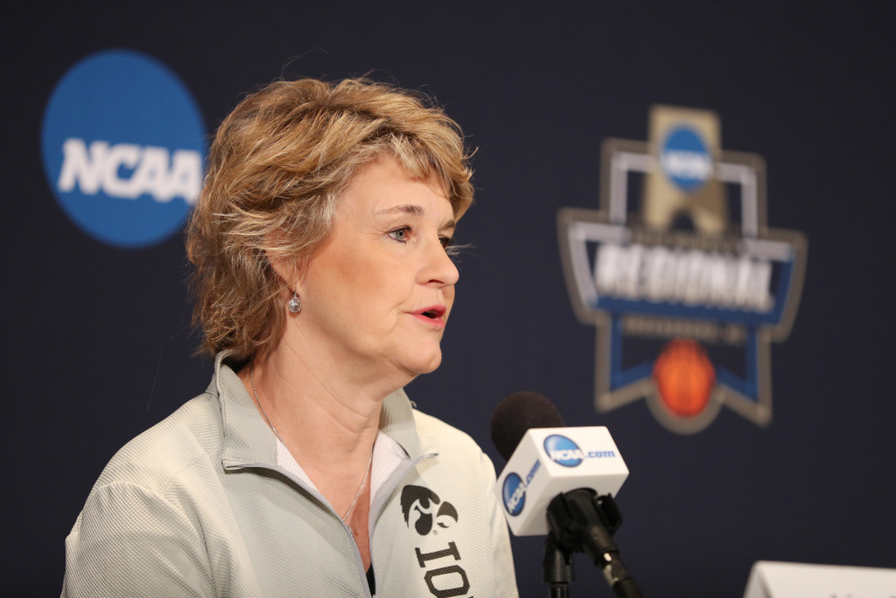 Iowa Hawkeyes head coach Lisa Bluder during media and practice as they prepare for their Sweet 16 matchup against NC State Friday, March 29, 2019 at the Greensboro Coliseum in Greensboro, NC.(Brian Ray/hawkeyesports.com)