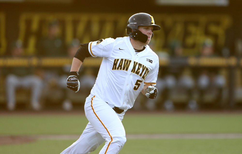 Iowa Hawkeyes Zeb Adreon (5) against the Michigan State Spartans Friday, May 10, 2019 at Duane Banks Field. (Brian Ray/hawkeyesports.com)