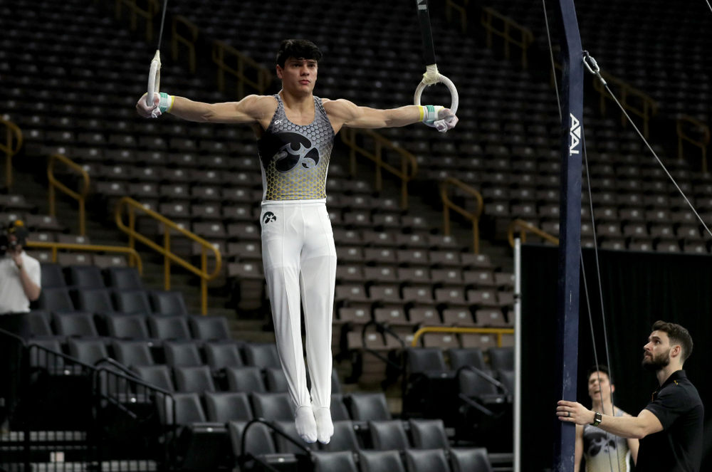 Iowa’s Evan Davis competes on the Rings against UIC and Minnesota Saturday, February 1, 2020 at Carver-Hawkeye Arena. (Brian Ray/hawkeyesports.com)