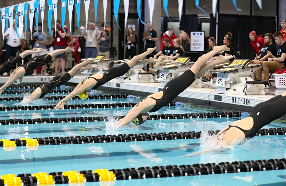 Iowa’s Hannah Burvill swims in the women’s 100 yard freestyle preliminary event during the 2020 Women’s Big Ten Swimming and Diving Championships at the Campus Recreation and Wellness Center in Iowa City on Saturday, February 22, 2020. (Stephen Mally/hawkeyesports.com)