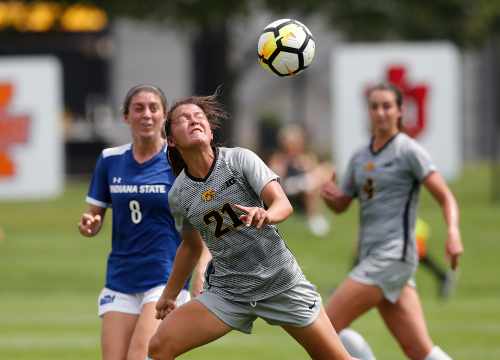 Iowa Hawkeyes Emma Tokuyama (21) against Indiana State Sunday, August 26, 2018 at the Iowa Soccer Complex. (Brian Ray/hawkeyesports.com)